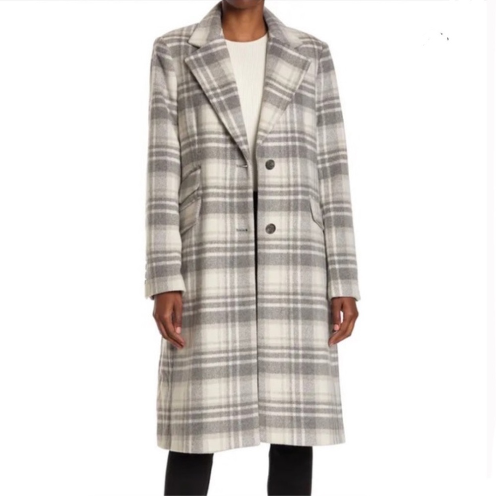 LAUREN Ralph Lauren Gray & White Plaid Wool Reefer Coat